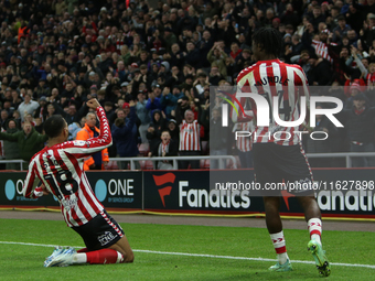 Sunderland's Wilson Isidor celebrates his goal during the Sky Bet Championship match between Sunderland and Derby County at the Stadium Of L...