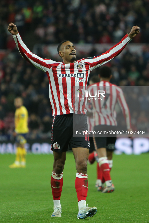 Sunderland's Wilson Isidor celebrates his goal during the Sky Bet Championship match between Sunderland and Derby County at the Stadium Of L...