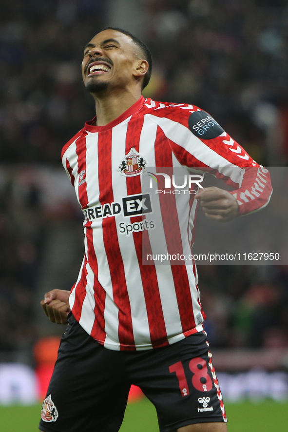 Sunderland's Wilson Isidor celebrates his goal during the Sky Bet Championship match between Sunderland and Derby County at the Stadium Of L...