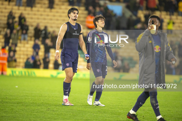 Ao Tanaka of Leeds United and Pascal Struijk of Leeds United after the Sky Bet Championship match between Norwich City and Leeds United at C...