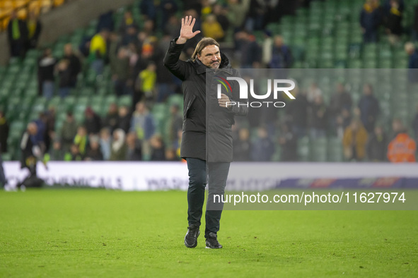 Leeds Manager, Daniel Farke, applauds the supporters after the Sky Bet Championship match between Norwich City and Leeds United at Carrow Ro...