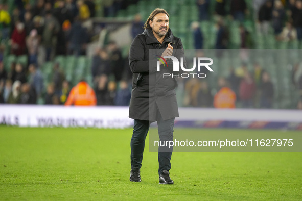 Leeds Manager, Daniel Farke, applauds the supporters after the Sky Bet Championship match between Norwich City and Leeds United at Carrow Ro...