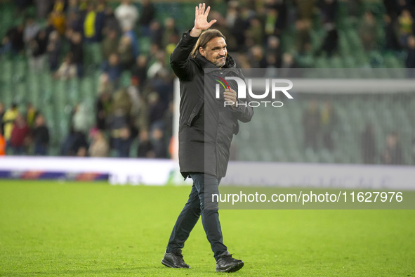 Leeds Manager, Daniel Farke, applauds the supporters after the Sky Bet Championship match between Norwich City and Leeds United at Carrow Ro...