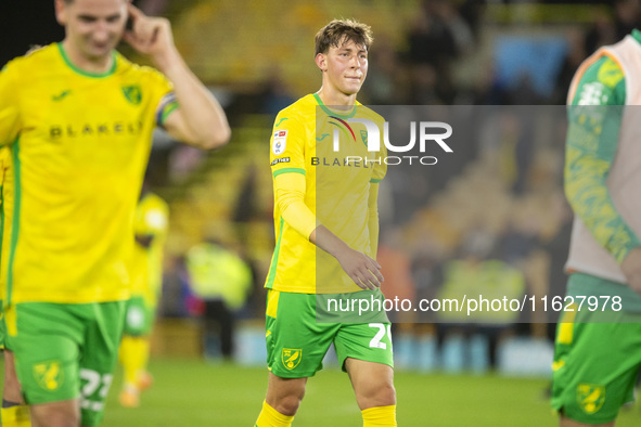 Oscar Schwartau of Norwich City after the Sky Bet Championship match between Norwich City and Leeds United at Carrow Road in Norwich, Englan...