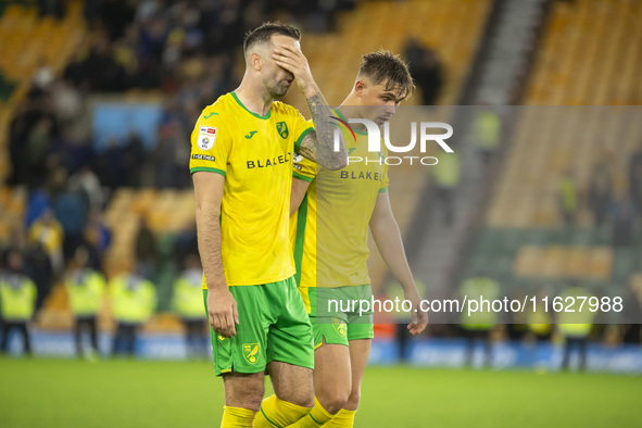 Callum Doyle of Norwich City and Shane Duffy of Norwich City looks docketed after the Sky Bet Championship match between Norwich City and Le...