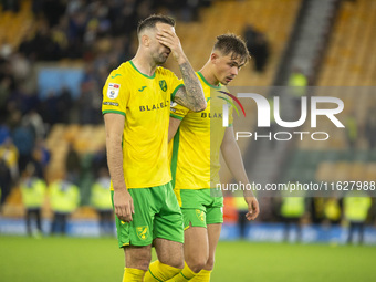 Callum Doyle of Norwich City and Shane Duffy of Norwich City looks docketed after the Sky Bet Championship match between Norwich City and Le...