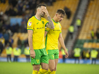 Callum Doyle of Norwich City and Shane Duffy of Norwich City looks docketed after the Sky Bet Championship match between Norwich City and Le...