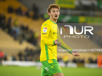 Josh Sargent of Norwich City interacts with supporters after the Sky Bet Championship match between Norwich City and Leeds United at Carrow...