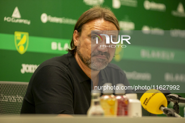 Leeds Manager, Daniel Faroe, gives his press conference after the Sky Bet Championship match between Norwich City and Leeds United at Carrow...