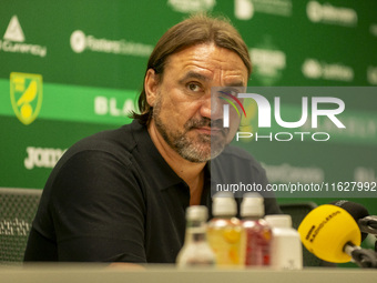 Leeds Manager, Daniel Faroe, gives his press conference after the Sky Bet Championship match between Norwich City and Leeds United at Carrow...