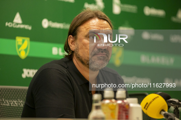 Leeds Manager, Daniel Faroe, gives his press conference after the Sky Bet Championship match between Norwich City and Leeds United at Carrow...