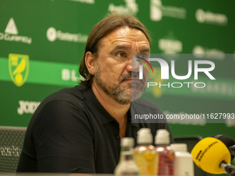 Leeds Manager, Daniel Faroe, gives his press conference after the Sky Bet Championship match between Norwich City and Leeds United at Carrow...