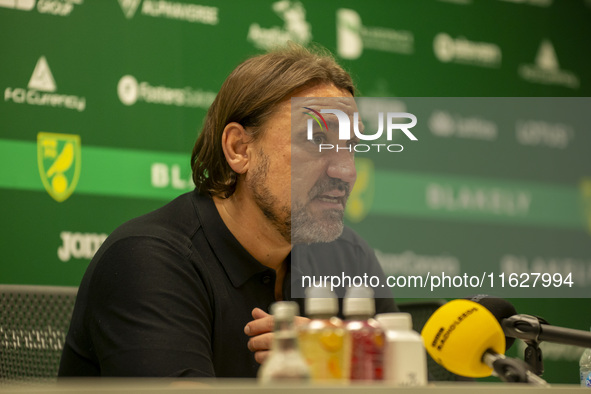 Leeds Manager, Daniel Faroe, gives his press conference after the Sky Bet Championship match between Norwich City and Leeds United at Carrow...