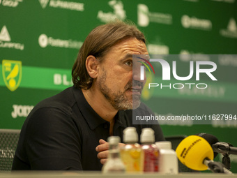 Leeds Manager, Daniel Faroe, gives his press conference after the Sky Bet Championship match between Norwich City and Leeds United at Carrow...