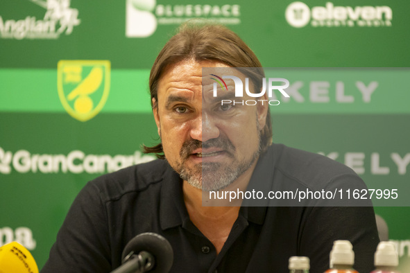 Leeds Manager, Daniel Faroe, gives his press conference after the Sky Bet Championship match between Norwich City and Leeds United at Carrow...