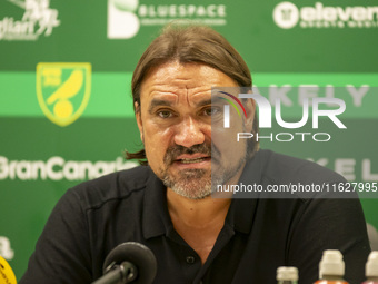 Leeds Manager, Daniel Faroe, gives his press conference after the Sky Bet Championship match between Norwich City and Leeds United at Carrow...