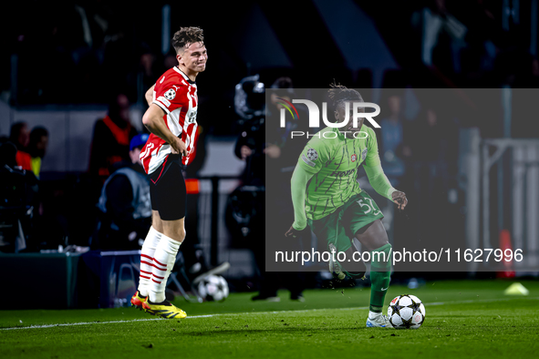 Sporting Club Portugal forward Geavany Quenda plays during the match PSV vs. Sporting CP at the Philips Stadium for the UEFA Champions Leagu...