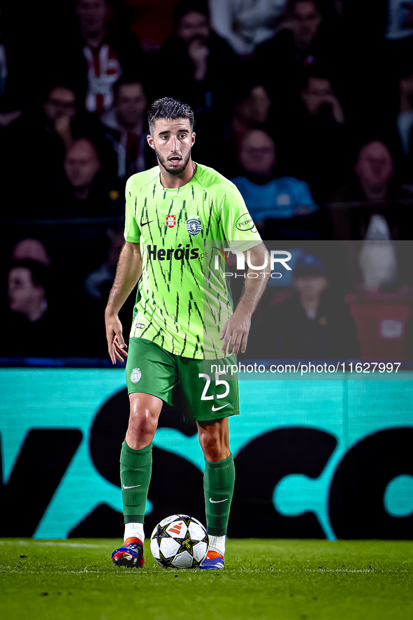 Sporting Club Portugal defender Goncalo Inacio plays during the match PSV vs. Sporting CP at the Philips Stadium for the UEFA Champions Leag...