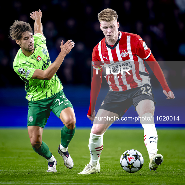 Sporting Club Portugal midfielder Daniel Braganca and PSV Eindhoven midfielder Jerdy Schouten play during the match PSV vs. Sporting CP at t...