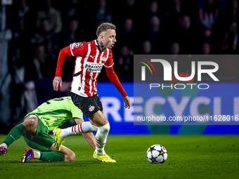 PSV Eindhoven forward Noa Lang during the match between PSV and Sporting CP at the Philips Stadium for the UEFA Champions League phase match...