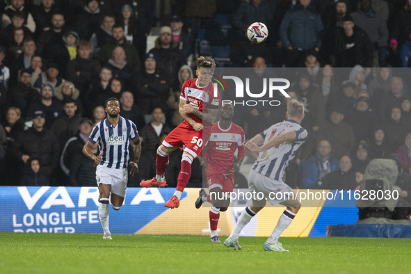 Middlesbrough's Ben Doak heads clear during the Sky Bet Championship match between West Bromwich Albion and Middlesbrough at The Hawthorns i...