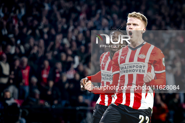 PSV Eindhoven midfielder Jerdy Schouten celebrates the goal during the match between PSV and Sporting CP at the Philips Stadium for the UEFA...