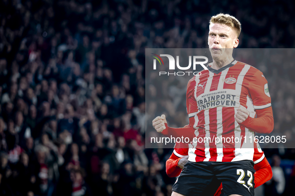 PSV Eindhoven midfielder Jerdy Schouten celebrates the goal during the match between PSV and Sporting CP at the Philips Stadium for the UEFA...