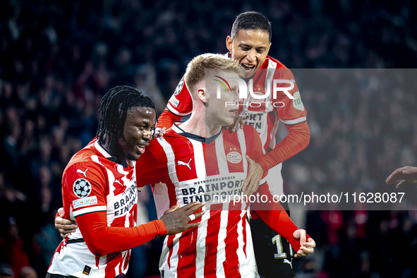 PSV Eindhoven midfielder Jerdy Schouten celebrates the goal during the match between PSV and Sporting CP at the Philips Stadium for the UEFA...