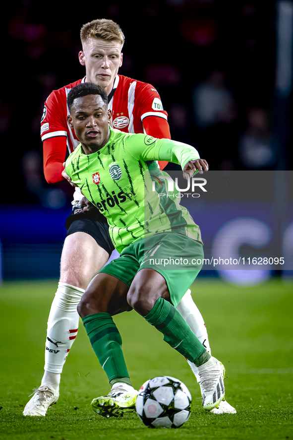 PSV Eindhoven midfielder Jerdy Schouten and Sporting Club Portugal midfielder Geny Catamo during the match PSV - Sporting CP at the Philips...