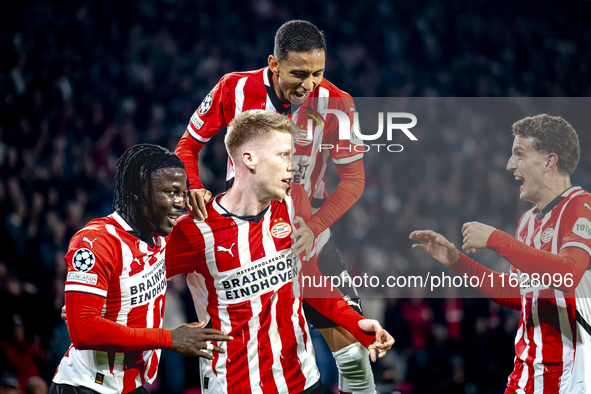 PSV Eindhoven midfielder Jerdy Schouten celebrates the goal during the match between PSV and Sporting CP at the Philips Stadium for the UEFA...