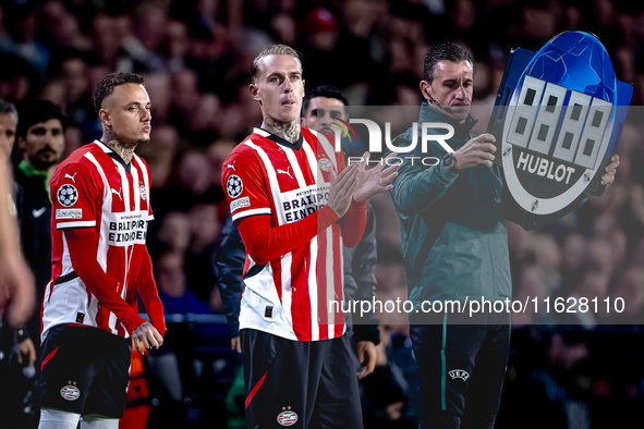 PSV Eindhoven forward Noa Lang and PSV Eindhoven defender Rick Karsdorp during the match PSV vs. Sporting CP at the Philips Stadium for the...