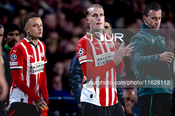 PSV Eindhoven forward Noa Lang and PSV Eindhoven defender Rick Karsdorp during the match PSV vs. Sporting CP at the Philips Stadium for the...