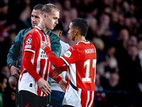 PSV Eindhoven defender Rick Karsdorp and PSV Eindhoven defender Mauro Junior during the match PSV - Sporting CP at the Philips Stadium for t...