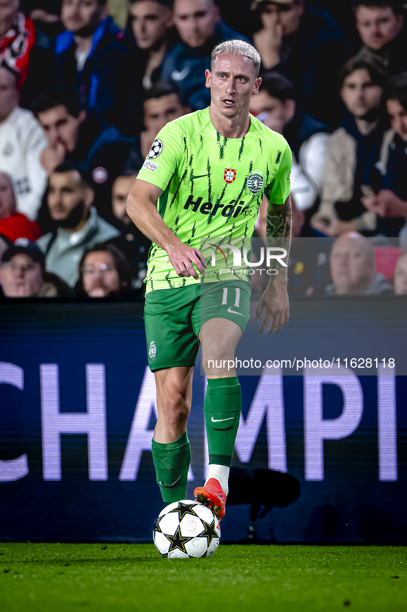 Sporting Club Portugal forward Nuno Santes plays during the match PSV vs. Sporting CP at the Philips Stadium for the UEFA Champions League p...