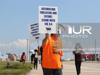 Dockworkers and their supporters hold signs during a strike outside the Bayport Container Terminal in Seabrook, Texas, on October 1, 2024. (