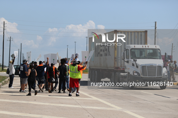 A passing semi-truck honks in a show of support during a dockworker strike outside the Bayport Container Terminal in Seabrook, Texas, on Oct...