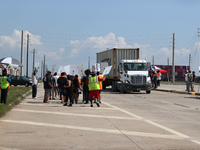 A passing semi-truck honks in a show of support during a dockworker strike outside the Bayport Container Terminal in Seabrook, Texas, on Oct...