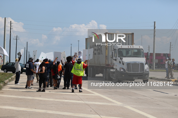 A passing semi-truck honks in a show of support during a dockworker strike outside the Bayport Container Terminal in Seabrook, Texas, on Oct...