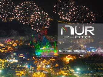 A fireworks show is held at the West Tour Park in Huai'an, China, on October 1, 2024. (