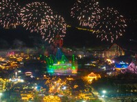 A fireworks show is held at the West Tour Park in Huai'an, China, on October 1, 2024. (