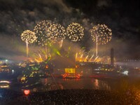 A fireworks show is held at the West Tour Park in Huai'an, China, on October 1, 2024. (