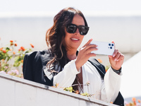 Karla Sofia Gascon arrives at the photocall of Emilia Perez in Cannes, France, on May 19, 2024, during the 77th Festival de Cannes (