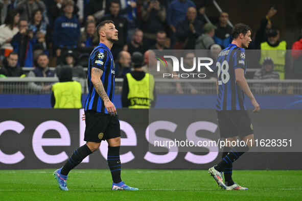 Marko Arnautovic of F.C. Inter celebrates after scoring the second goal during the UEFA Champions League 2024/25 League Phase MD2 match betw...