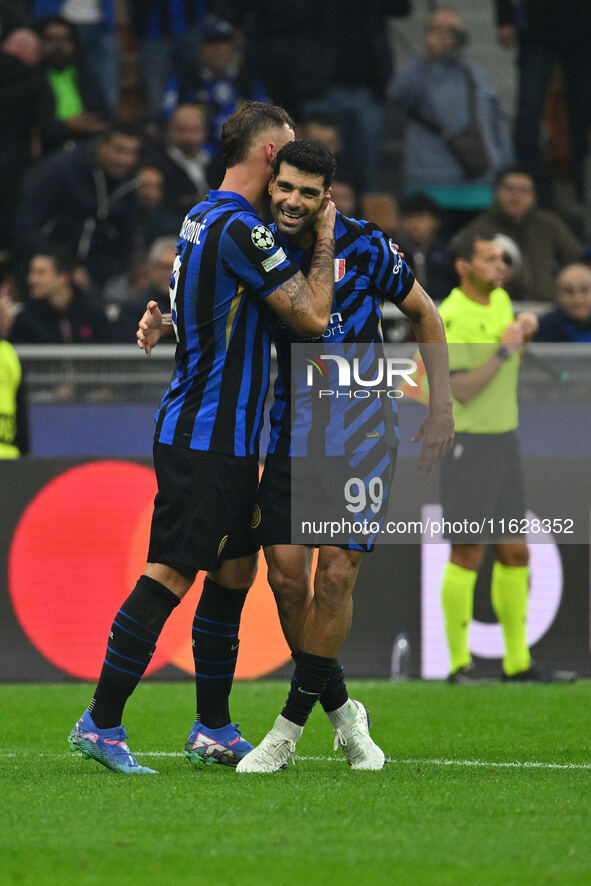 Marko Arnautovic of F.C. Inter celebrates after scoring the second goal during the UEFA Champions League 2024/25 League Phase MD2 match betw...