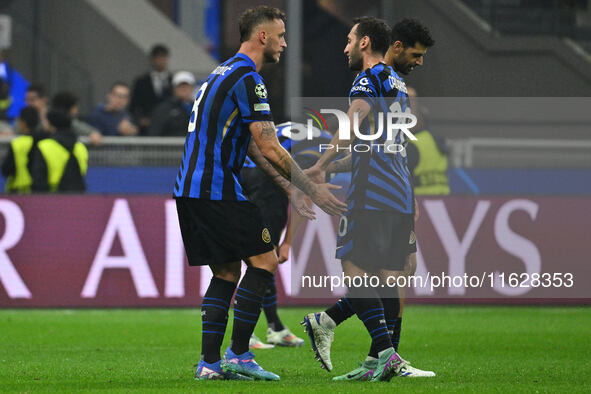 Marko Arnautovic of F.C. Inter celebrates after scoring the second goal during the UEFA Champions League 2024/25 League Phase MD2 match betw...