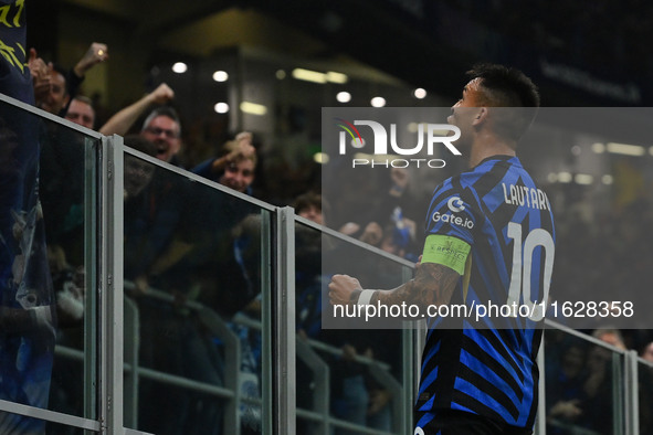 Lautaro Martinez of F.C. Inter celebrates after scoring the goal of 3-0 during the UEFA Champions League 2024/25 League Phase MD2 match betw...