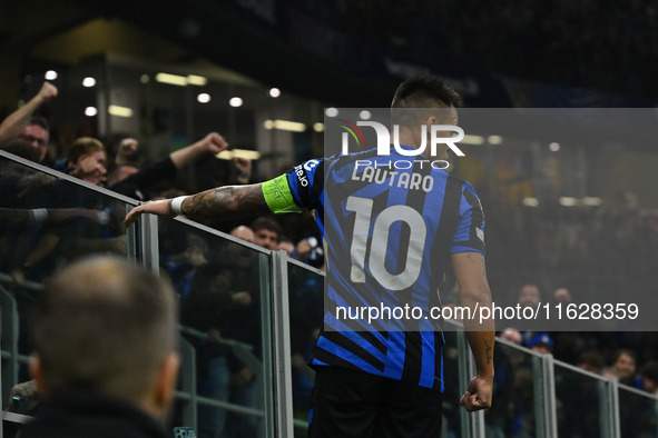 Lautaro Martinez of F.C. Inter celebrates after scoring the goal of 3-0 during the UEFA Champions League 2024/25 League Phase MD2 match betw...