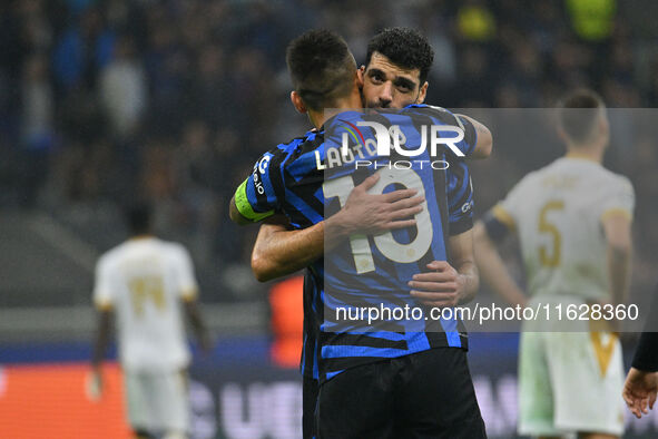 Lautaro Martinez of F.C. Inter celebrates after scoring the goal of 3-0 during the UEFA Champions League 2024/25 League Phase MD2 match betw...