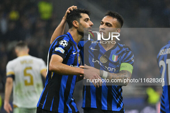 Lautaro Martinez of F.C. Inter celebrates after scoring the goal of 3-0 during the UEFA Champions League 2024/25 League Phase MD2 match betw...