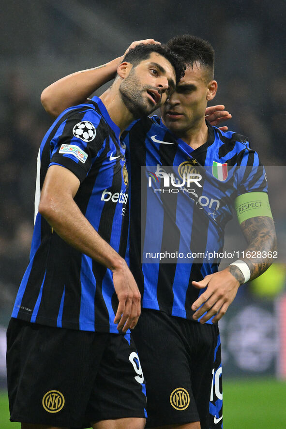 Lautaro Martinez of F.C. Inter celebrates after scoring the goal of 3-0 during the UEFA Champions League 2024/25 League Phase MD2 match betw...